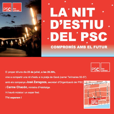 Folleto informativo de la "Nit d'Estiu" del PSC en Gavà Mar (23 de julio de 2007)